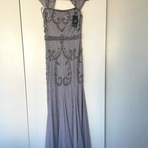 ADRIANNA PAPELL BEADED SILVER-GRAY GOWN NWT